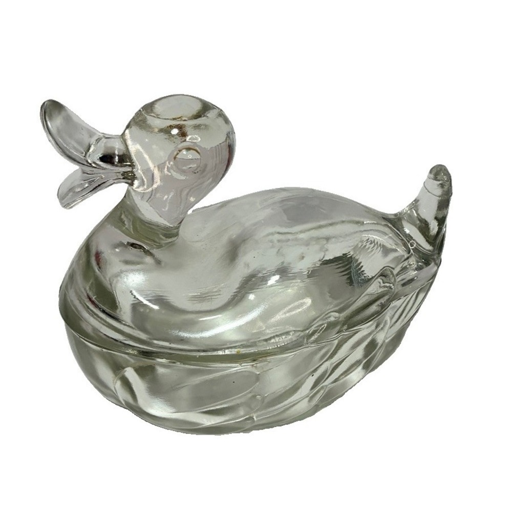 Vintage Crystal Glass Duck Trinket Box Covered Dish Bird Figurine 6" Clear